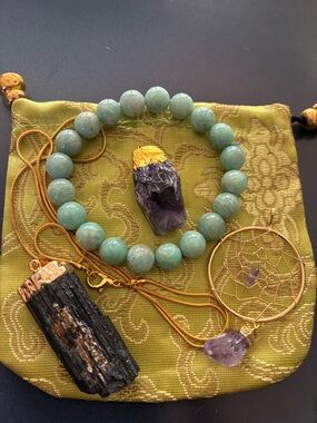 4 Piece Crystal Jewelry Set - Amazonite, Amethyst, Black Tourmaline